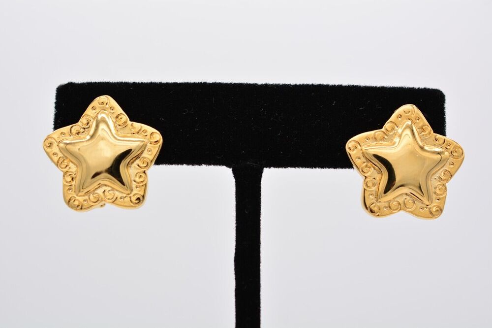 Danecraft Vintage Star Huggie Clip On Earrings Gold Signed NOS 90s 1980s BinA7